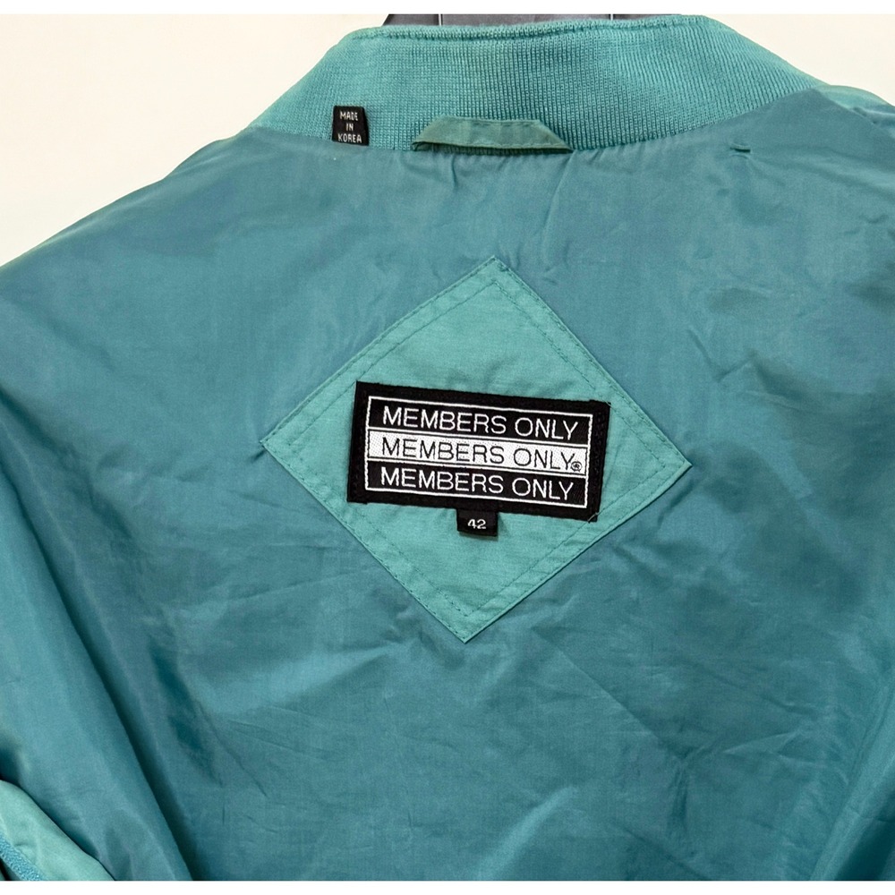 Vintage Members Only Cafe Bomber Racer Jacket 42 Blue Green Full Zip 80's - Picture 6 of 7